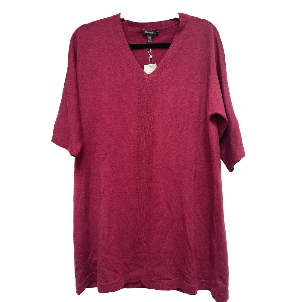 Eileen Fisher NWT Size S/P  3/4 Sleeve Sweater Maroon V Neck 100% Merino Wool‎